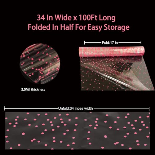 CMFYHM 34in x 100ft Clear Cellophane Wrap Roll (Pink Polka Dot),Transparent Cellophane Wrap Roll for Treats, Gifts, Baskets, Flowers, Birthday Party,Easter, Christmas Decorations - Image 2