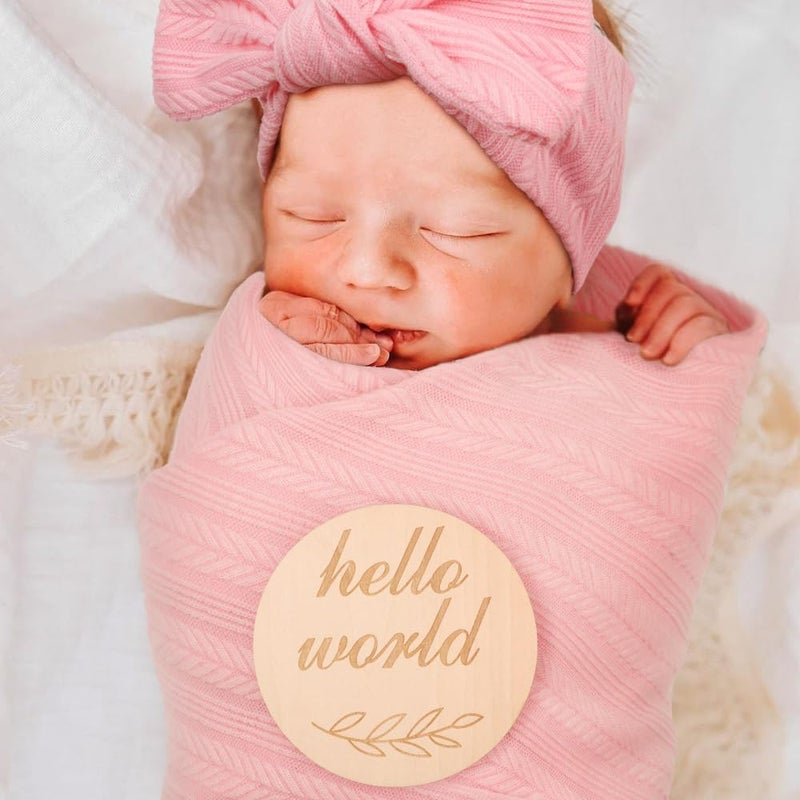 DRESHOW BQUBO Baby Swaddle Blankets for Girls, 4PCS Newborn Accessories Set with Hat and Bow Headband with Hello World Wooden Birth Announcement Card, Baby Blankets for Girls (Pink) - Image 5