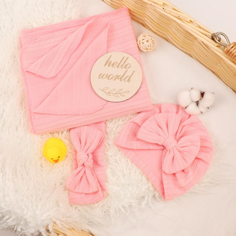 DRESHOW BQUBO Baby Swaddle Blankets for Girls, 4PCS Newborn Accessories Set with Hat and Bow Headband with Hello World Wooden Birth Announcement Card, Baby Blankets for Girls (Pink) - Image 3