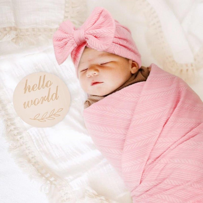 DRESHOW BQUBO Baby Swaddle Blankets for Girls, 4PCS Newborn Accessories Set with Hat and Bow Headband with Hello World Wooden Birth Announcement Card, Baby Blankets for Girls (Pink) - Image 2