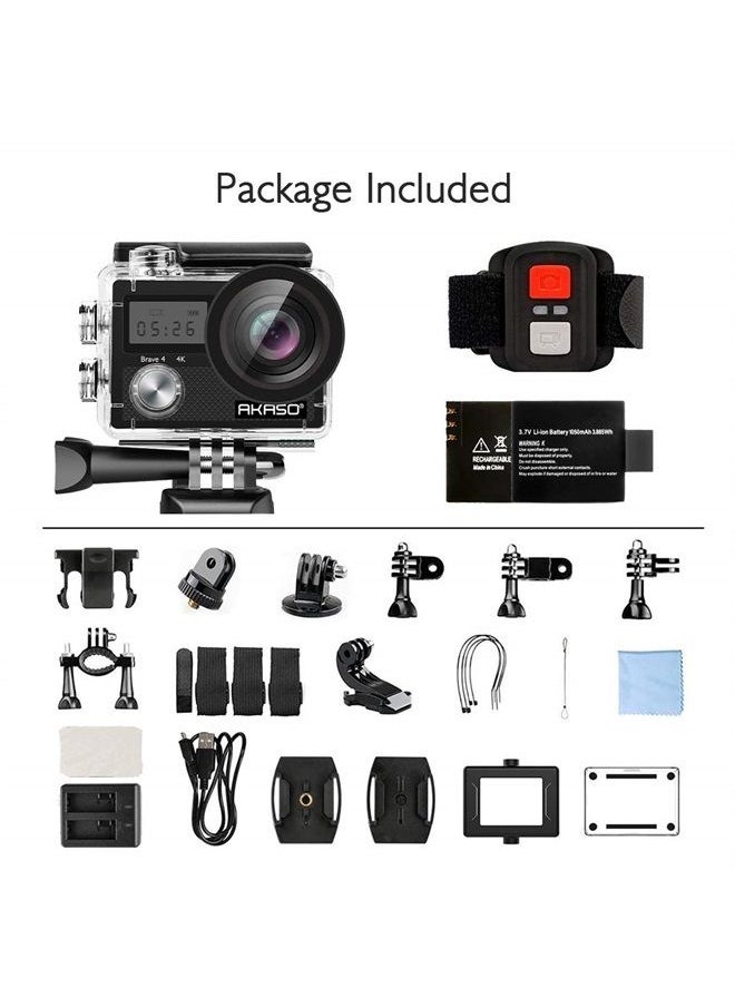 Akaso - Brave 4 4K 20MP WiFi Action Camera Ultra HD with EIS 30m Waterproof Camera Remote Control 5X Zoom Underwater Camcorder with 2 Batteries and Helmet Accessories Kit Support External Microphone - Image 1