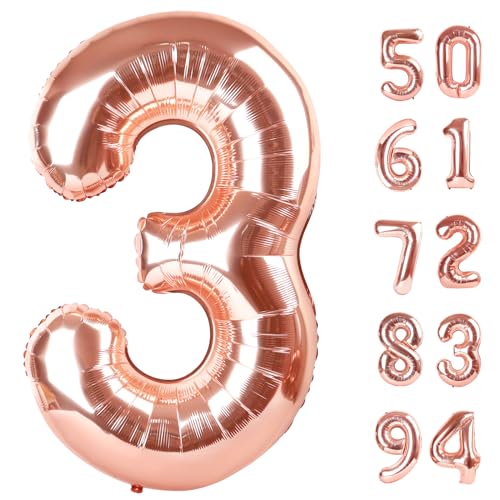 IWERP Rose Gold 3 Balloon Number Balloons 40 Inch 3rd Birthday Decorations for Kids Girls Boys Men Women Party Supplies for Party Decorations Number 3 Balloon - Image 1