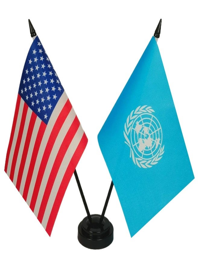 Zigvert America & UN Friendship Twin Desk Flag, US UN Table Flags, 8 x 5 Inches American & United Nations Desk Flag Set - Miniature USA & United Nations Stick Flag with Flag Stand - Image 1