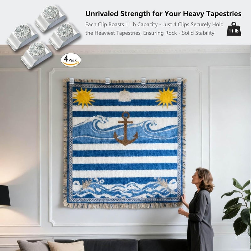 Doselves Tapestry Wall Hanging Clamps 4 Pack 1.2x2.0 Textile Art Decoration Hangers Metal Clips for Hanging Rugs Carpet Display(White) - Image 4