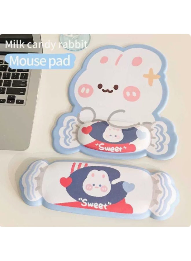 Cute Milk Candy Rabbit Ergonomic Mouse Pad with Wrist Rest & Candy Shape Keyboard Wrist Rest Set, Kawaii Cartoon Memory Foam Desk Palm Support, Non Slip Silicone Base Mousepad for Office Gaming Laptop Desktop Decor - Image 1