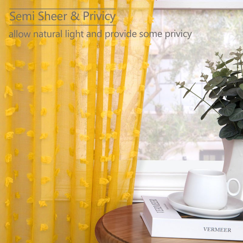 DANCURTON Mustard Yellow Sheer Curtains 84 Inch Length 2 Panels for Spring Living Dining Room Bedroom Boho Farmhouse Gold Semi Sheer Pom Poms Tufted Curtain 84 Inches Long for Nursery Girls Kids Room Back Tab - Image 4