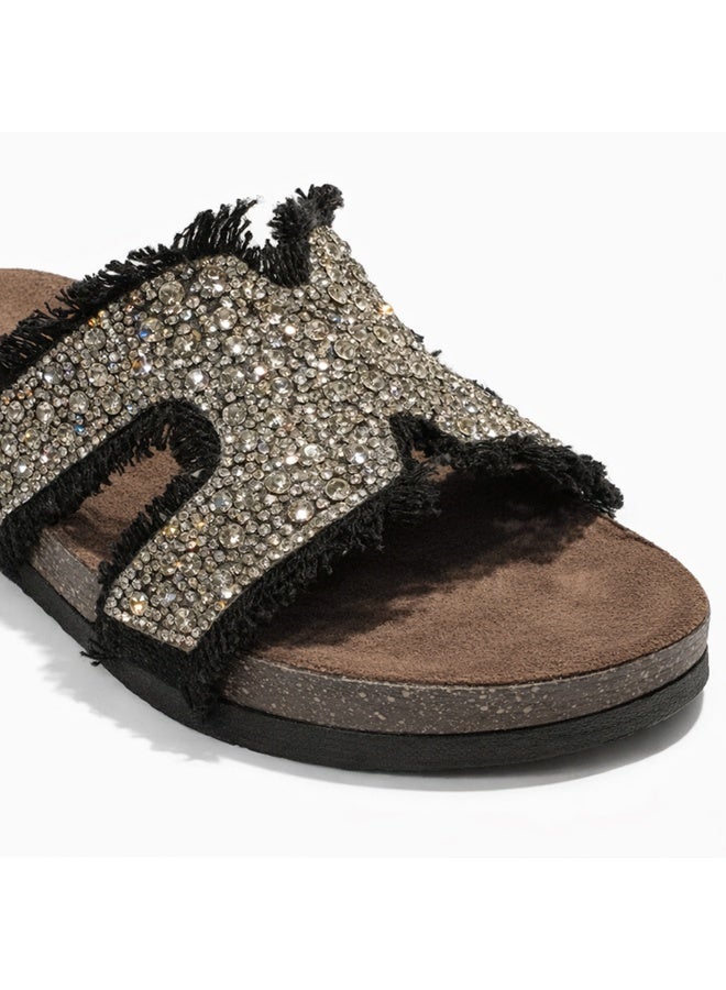Women's Black summer slippers adorned with crystals - Image 5