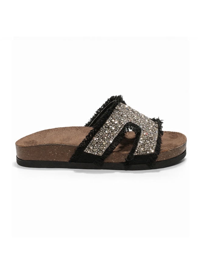 Women's Black summer slippers adorned with crystals - Image 3