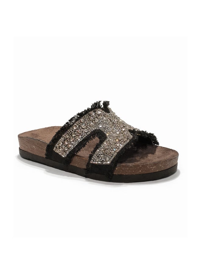Women's Black summer slippers adorned with crystals - Image 5