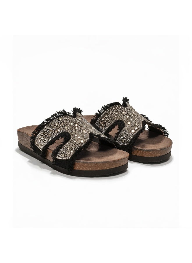 Women's Black summer slippers adorned with crystals - Image 2