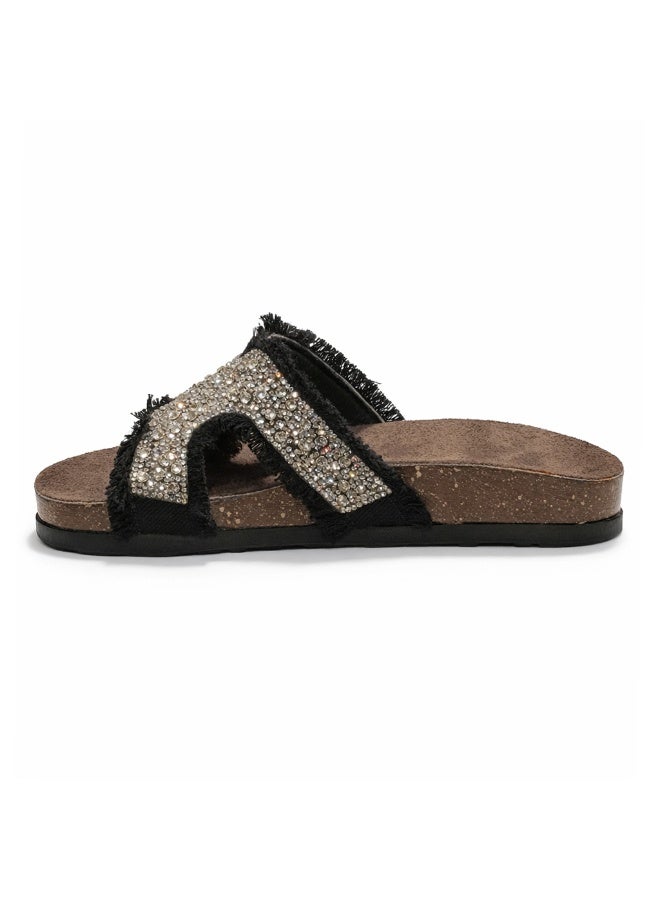 Women's Black summer slippers adorned with crystals - Image 4
