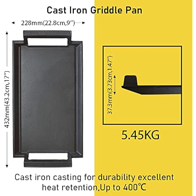 COVERCOOK Cast Iron Griddle Pan Rectangular Grill 43 X 23 Cm Flat Griddle Pan For Induction Hob With Dual Handles For Open Fire Ovens Microwaves Electric Cooktops Outdoor Grills - Image 4