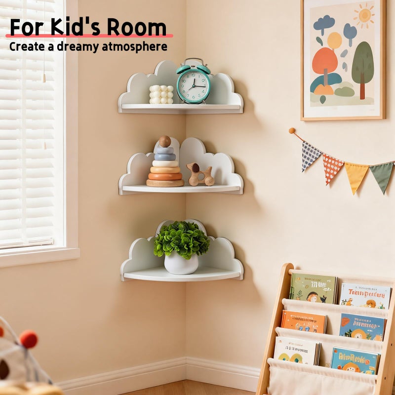 Conamily Cloud Corner Floating Shelvesï¼ŒSet of 3 White Corner Wall Shelf Floating Wooden Cute Wall Mounted Shelves Clouds Dispaly Shelf for Kidâ€™s Room,Toys, Plants & Storage - Image 4