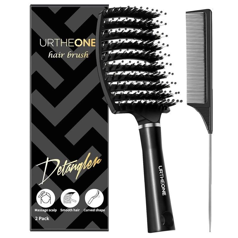 URTHEONE Hair BrushDetangling Hairbrush Boar Bristle Hair Brushes for Women Men Kids Curly Thick Long Short Wet or Dry Hair Curved Vented Detangler Brush for Faster Blow Drying Black