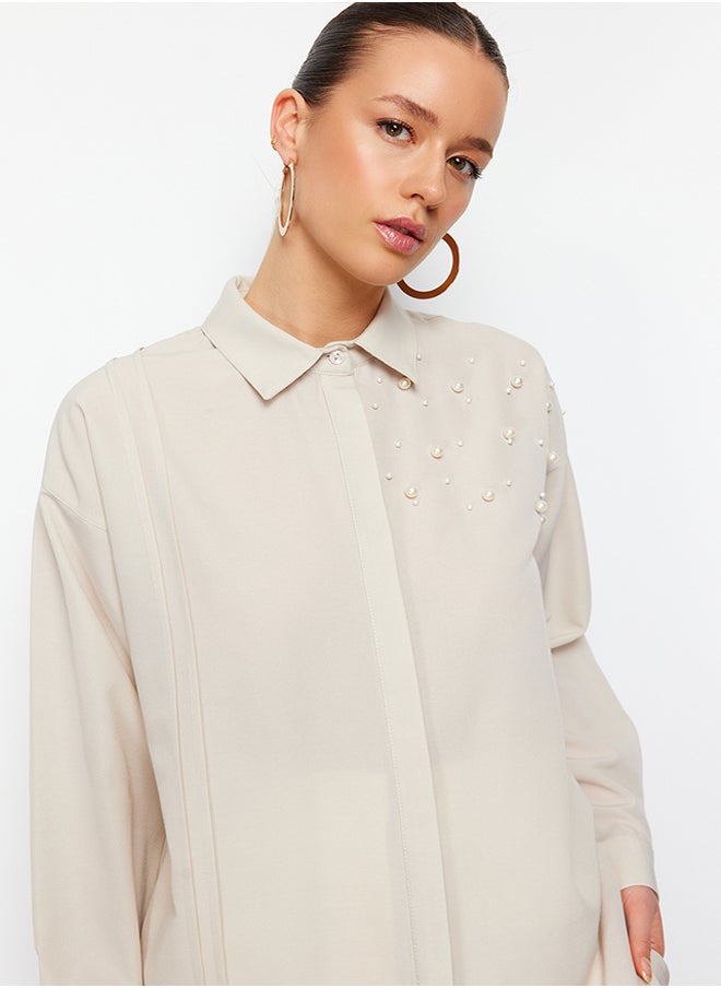 trendyol - Stone Pearl Detailed Cotton Woven Shirt TCTSS24TG00032 - Image 1