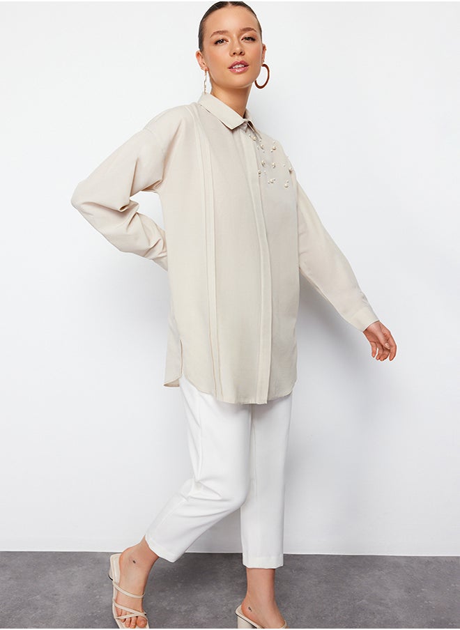 trendyol - Stone Pearl Detailed Cotton Woven Shirt TCTSS24TG00032 - Image 1