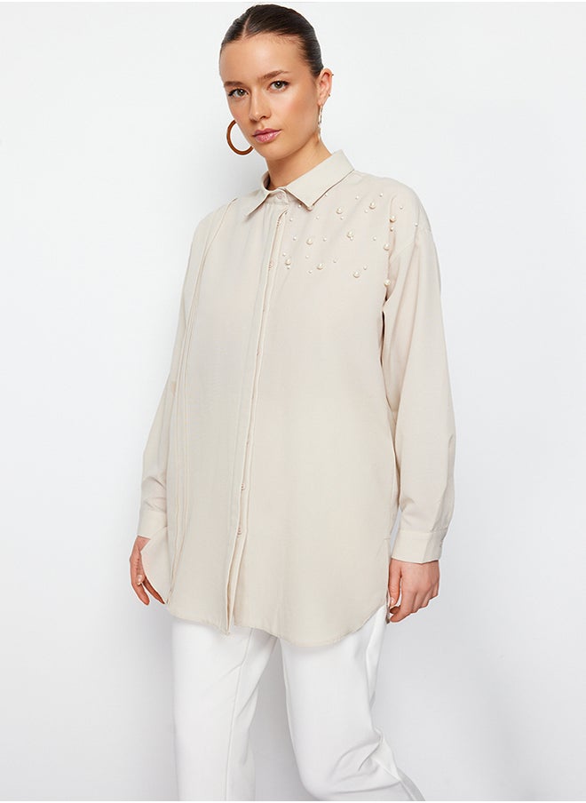trendyol - Stone Pearl Detailed Cotton Woven Shirt TCTSS24TG00032 - Image 1