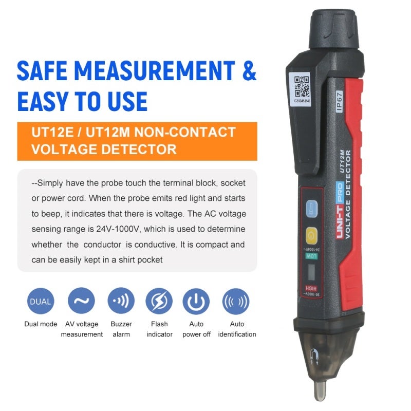 UNI-T UT12E AC Voltage Detector Meter 24V-1000V Non-Contact Portable Tester Pen Socket Volt Current Electric Test Pencil with Sound and Light Alarm and LED Flashlight Vibration - Image 2