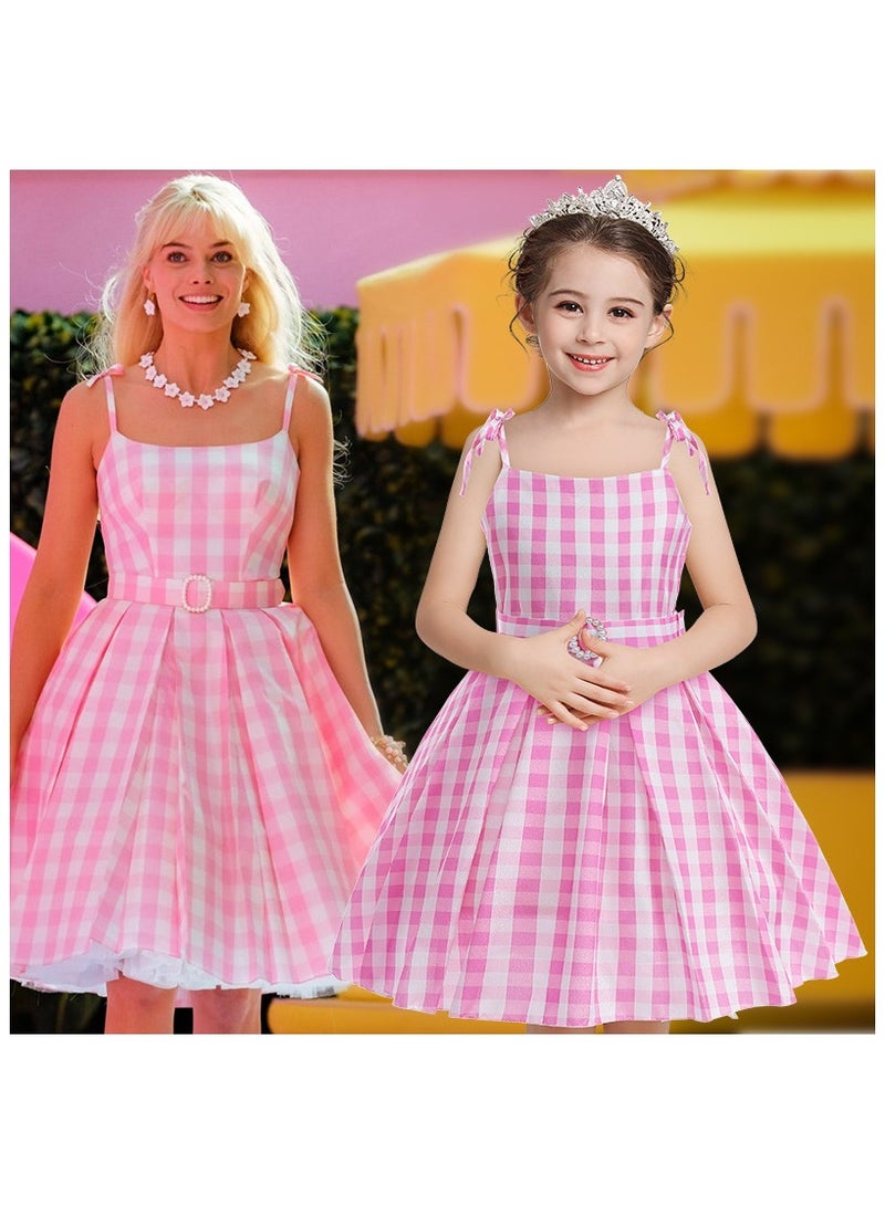 Pink Plaid Dress for Girls Kids Gingham Sleeveless Movie Cosplay Costume Birthday Outfits - Image 2