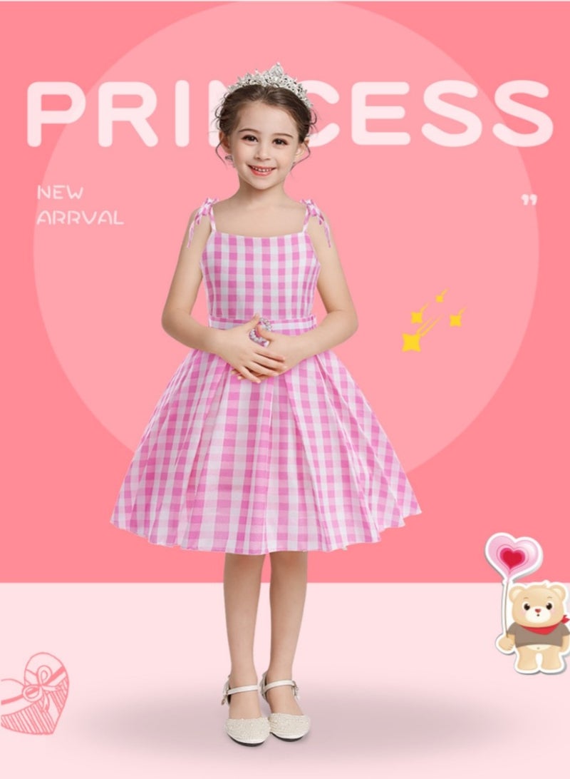 Pink Plaid Dress for Girls Kids Gingham Sleeveless Movie Cosplay Costume Birthday Outfits - Image 3