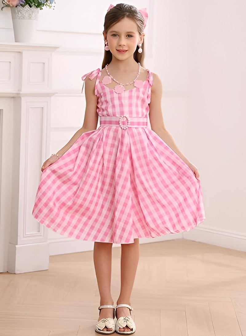 Pink Plaid Dress for Girls Kids Gingham Sleeveless Movie Cosplay Costume Birthday Outfits - Image 4