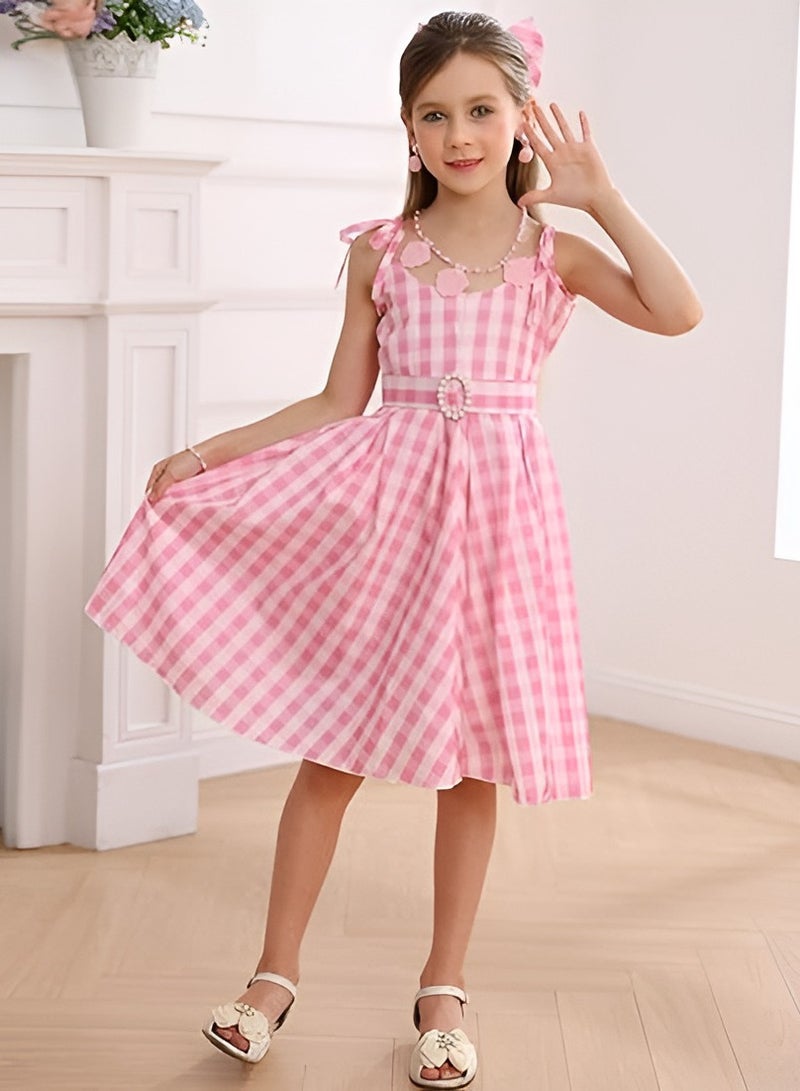 Pink Plaid Dress for Girls Kids Gingham Sleeveless Movie Cosplay Costume Birthday Outfits - Image 5