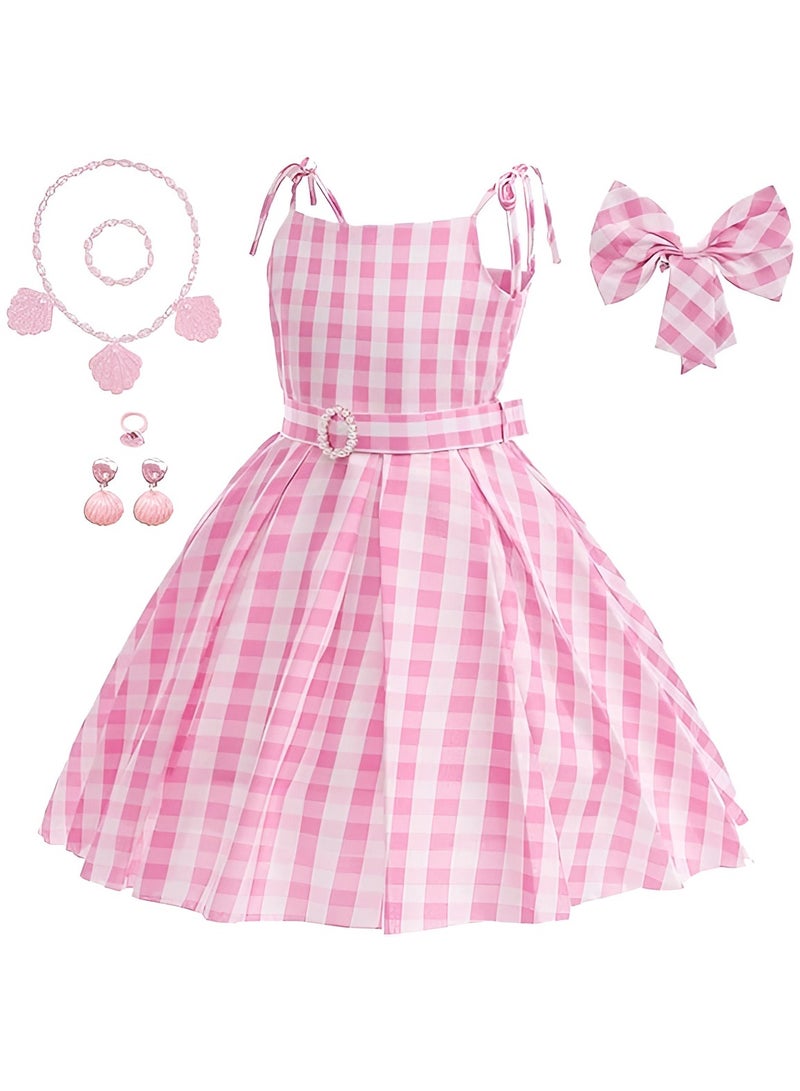 Pink Plaid Dress for Girls Kids Gingham Sleeveless Movie Cosplay Costume Birthday Outfits - Image 1