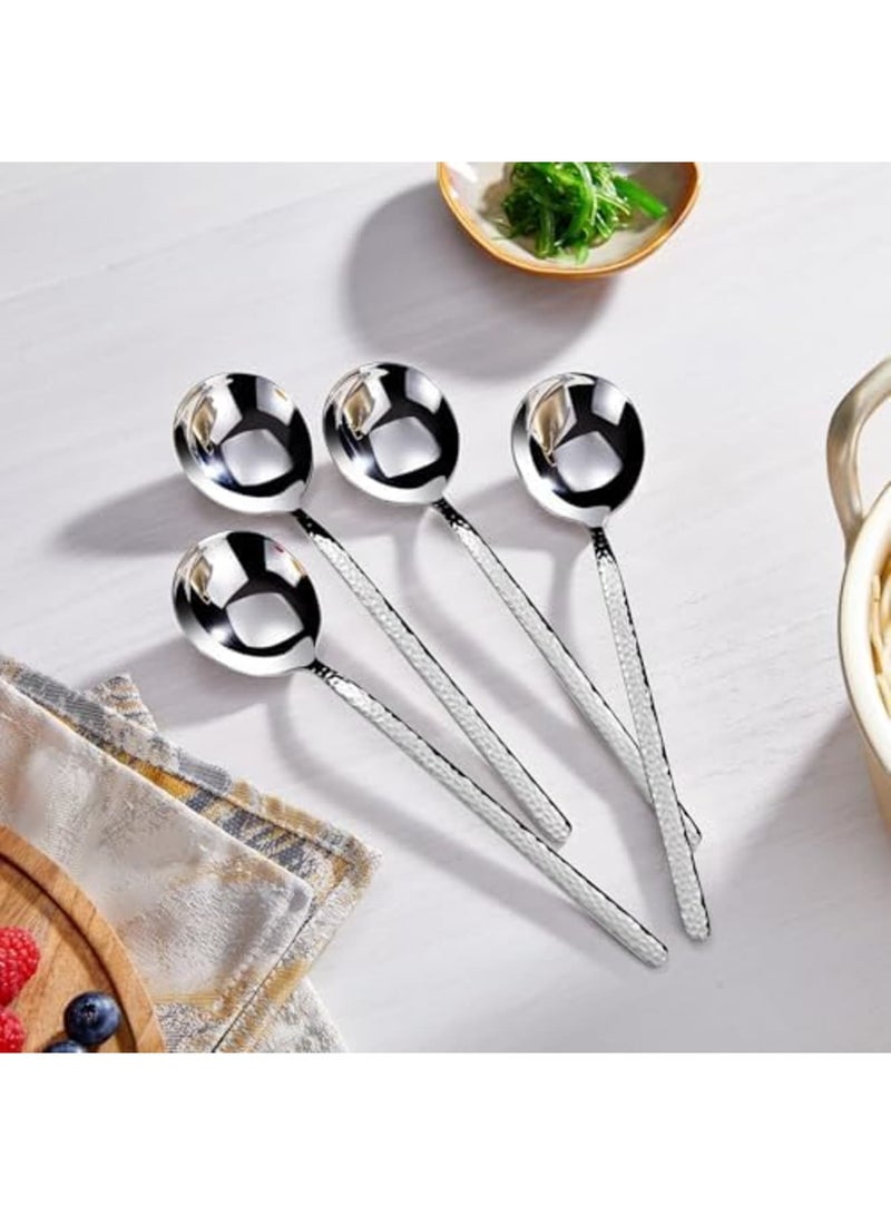SYOSI Premium Korean Soup Spoons Set of 4-18/10 Stainless Steel Long Handle Soup Spoons with Deep Bowl - Elegant Hammered Design, Dishwasher Safe - Perfect for Ramen, Noodles  Asian Cuisine - Image 4