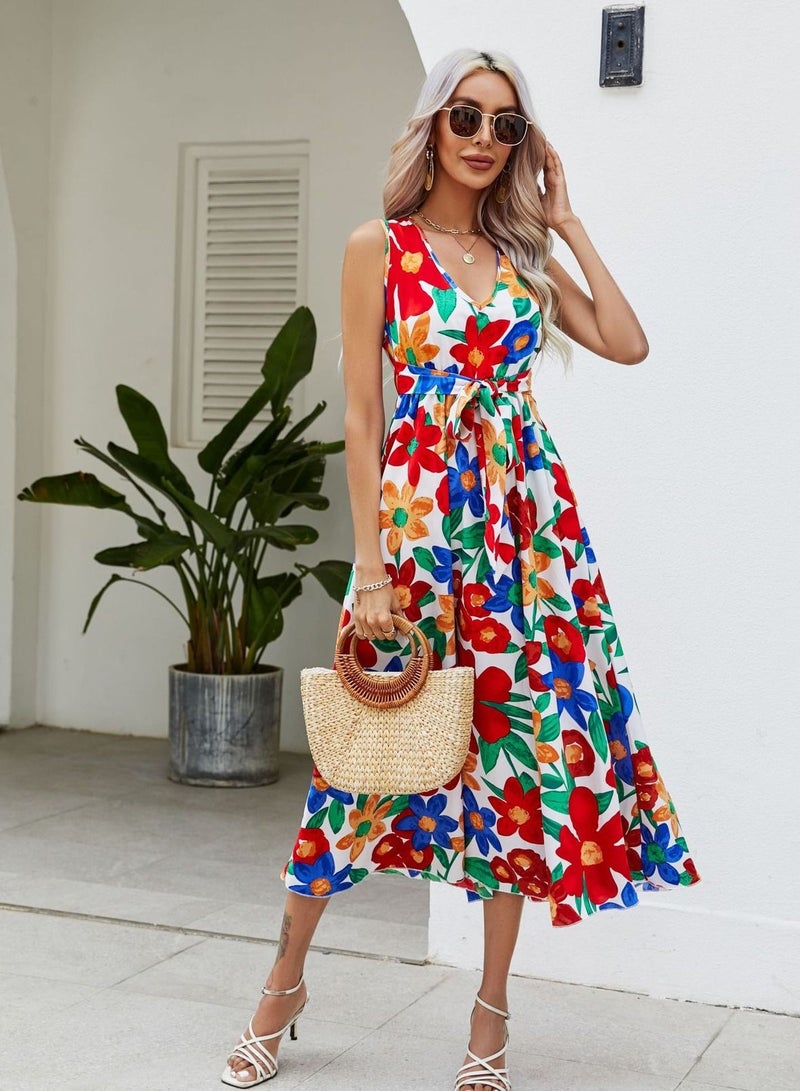NIBEMINENT Floral Print Dress with Waist Belt Midi Long Dress High Waist Design V-Neck  Sleeveless Waist Tie Dresses for Casual Dating Party  - Image 1