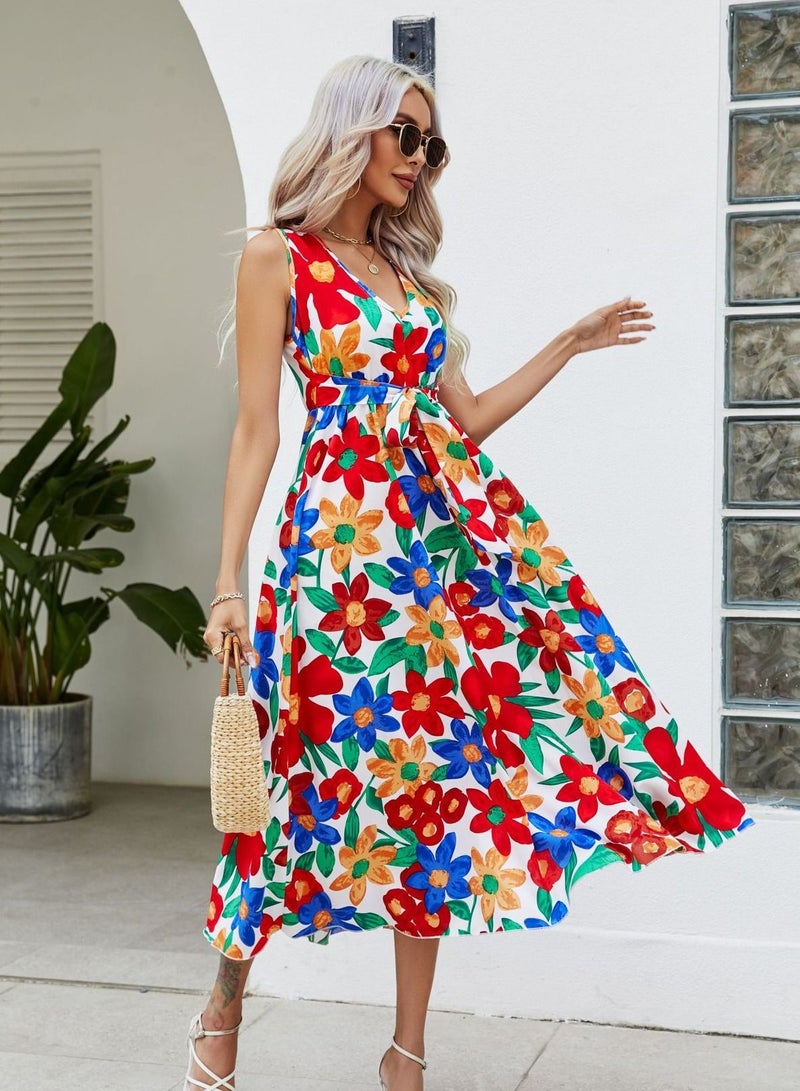 NIBEMINENT Floral Print Dress with Waist Belt Midi Long Dress High Waist Design V-Neck  Sleeveless Waist Tie Dresses for Casual Dating Party  - Image 4