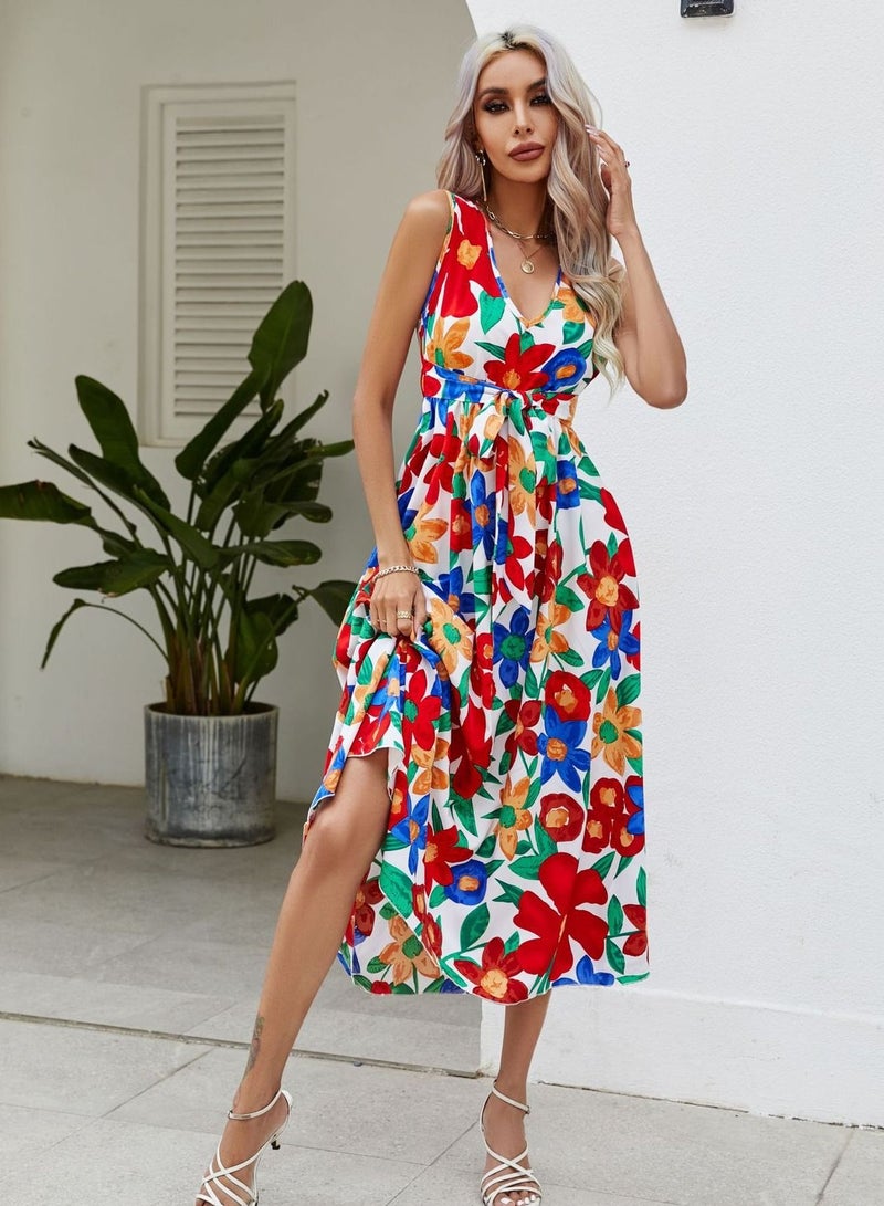 NIBEMINENT Floral Print Dress with Waist Belt Midi Long Dress High Waist Design V-Neck  Sleeveless Waist Tie Dresses for Casual Dating Party  - Image 2