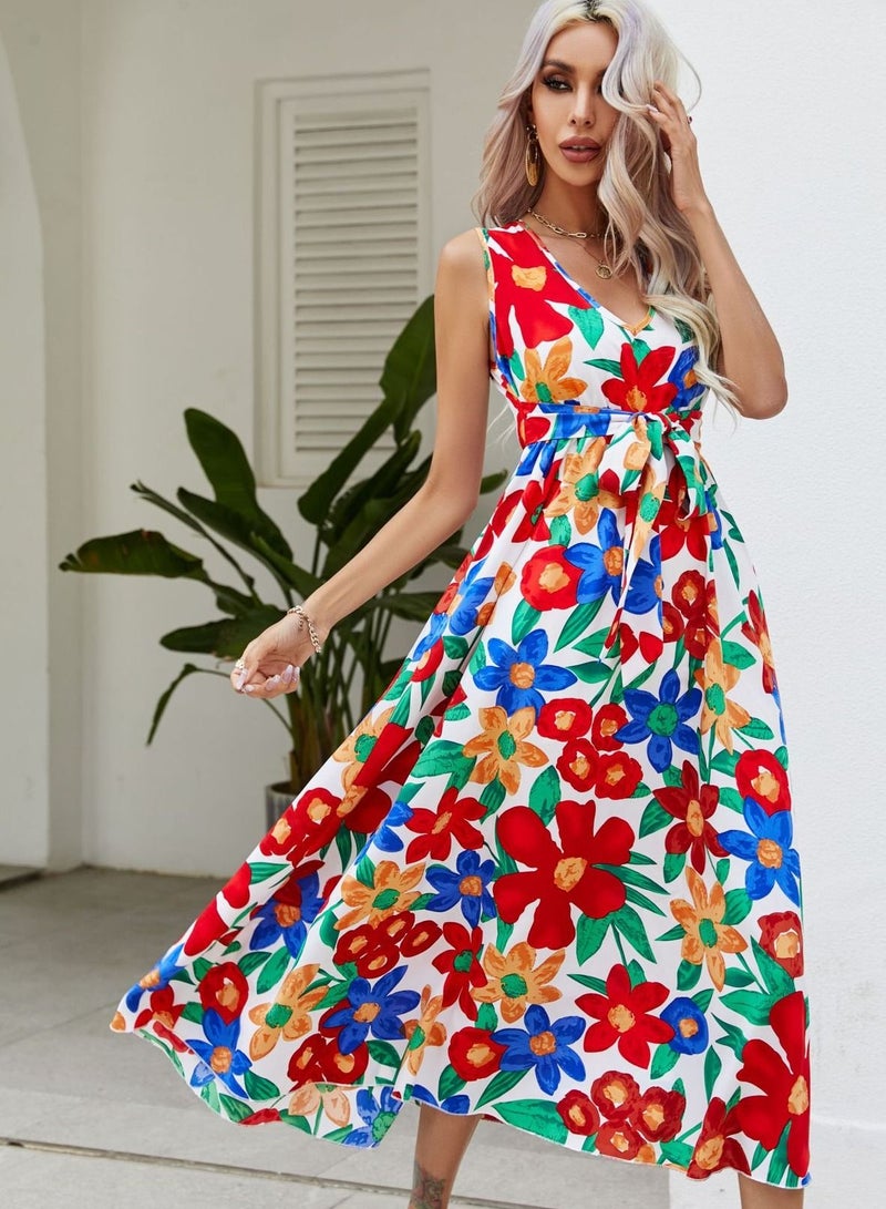 NIBEMINENT Floral Print Dress with Waist Belt Midi Long Dress High Waist Design V-Neck  Sleeveless Waist Tie Dresses for Casual Dating Party  - Image 3