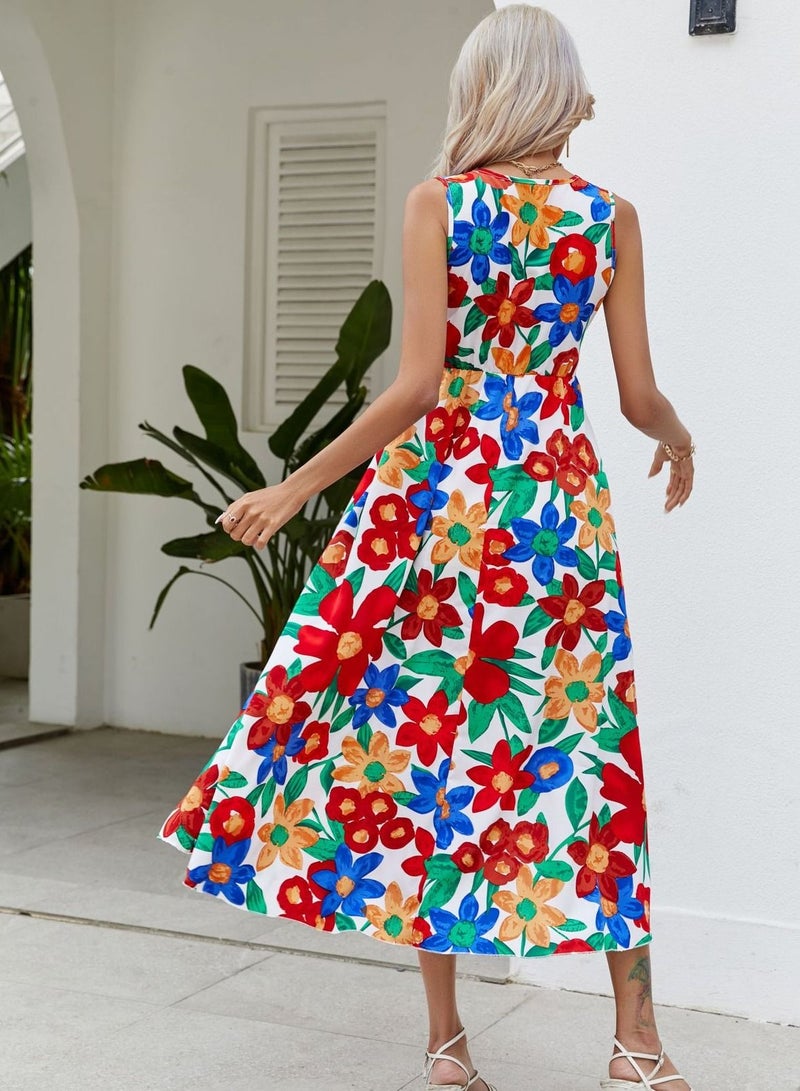 NIBEMINENT Floral Print Dress with Waist Belt Midi Long Dress High Waist Design V-Neck  Sleeveless Waist Tie Dresses for Casual Dating Party  - Image 5