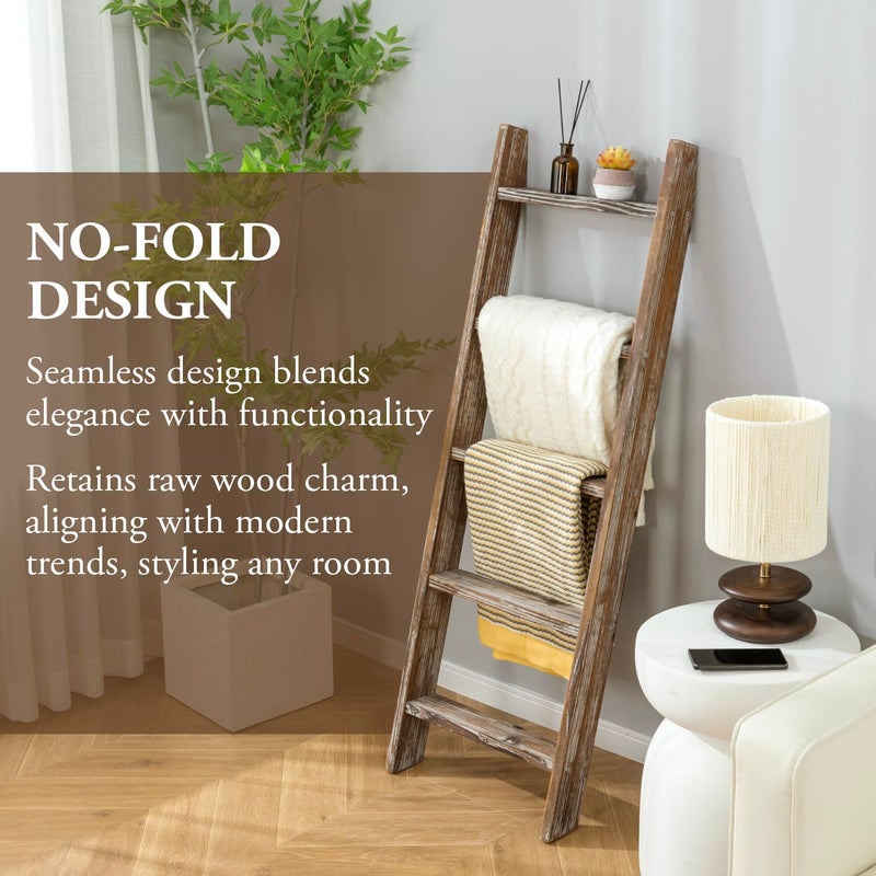 MyGift Decorative Ladder Shelf, 4.5 Foot Wall Leaning Wooden Towel Blanket Ladder Storage Rack for Bathroom or Living Room, Torched Brown Wood - Image 3