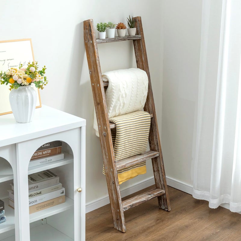 MyGift Decorative Ladder Shelf, 4.5 Foot Wall Leaning Wooden Towel Blanket Ladder Storage Rack for Bathroom or Living Room, Torched Brown Wood - Image 1