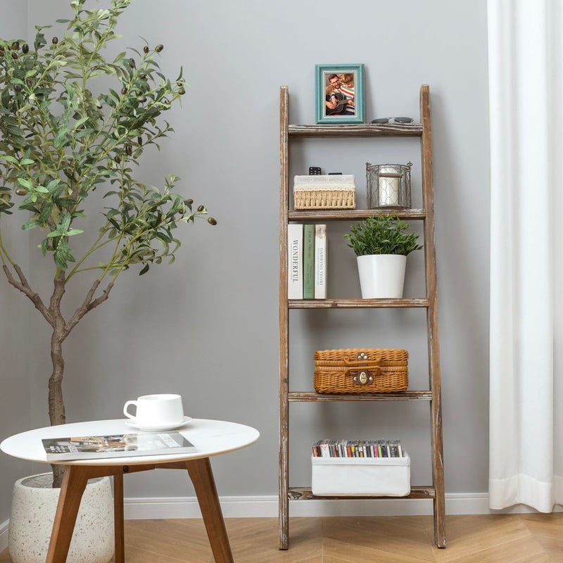 MyGift Decorative Ladder Shelf, 4.5 Foot Wall Leaning Wooden Towel Blanket Ladder Storage Rack for Bathroom or Living Room, Torched Brown Wood - Image 4