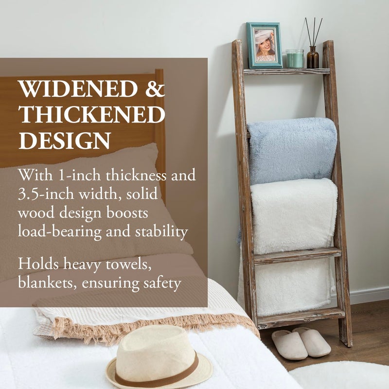 MyGift Decorative Ladder Shelf, 4.5 Foot Wall Leaning Wooden Towel Blanket Ladder Storage Rack for Bathroom or Living Room, Torched Brown Wood - Image 2