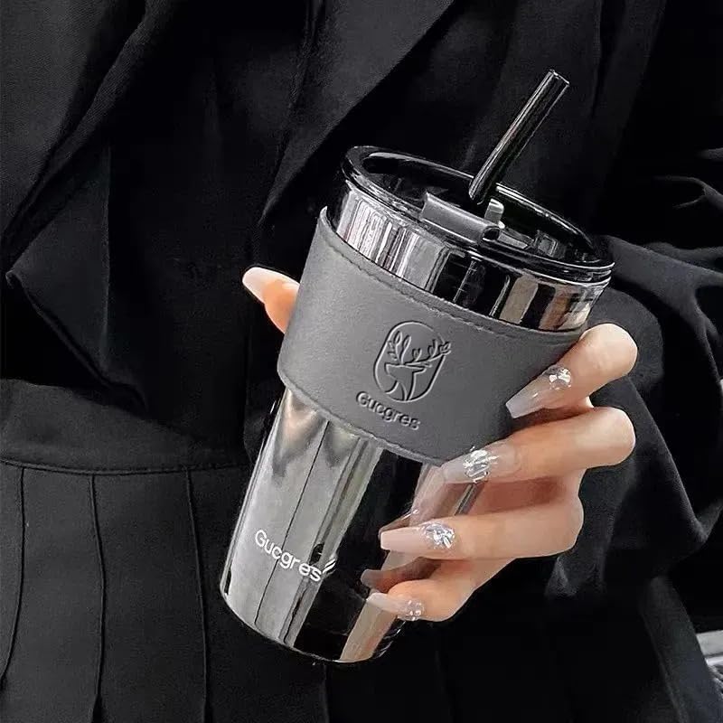 KELVEE Glass Coffee Sipper Mug with Leather Grip Pack of 1, 400ml Clear Drinking Glasses Tumblers with Straws and Lids for Iced Tea, Juice, Cocktail, Smoothies Drinks Cups (Grey) - Image 1