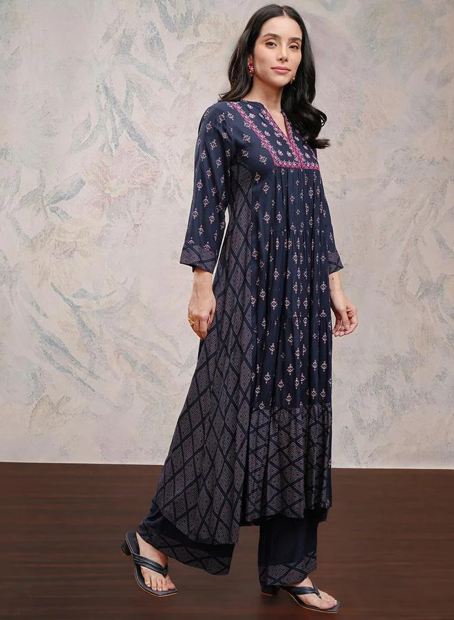 Vishudh Women Blue Printed Viscose Kurta with Palazzo Pants by Styli