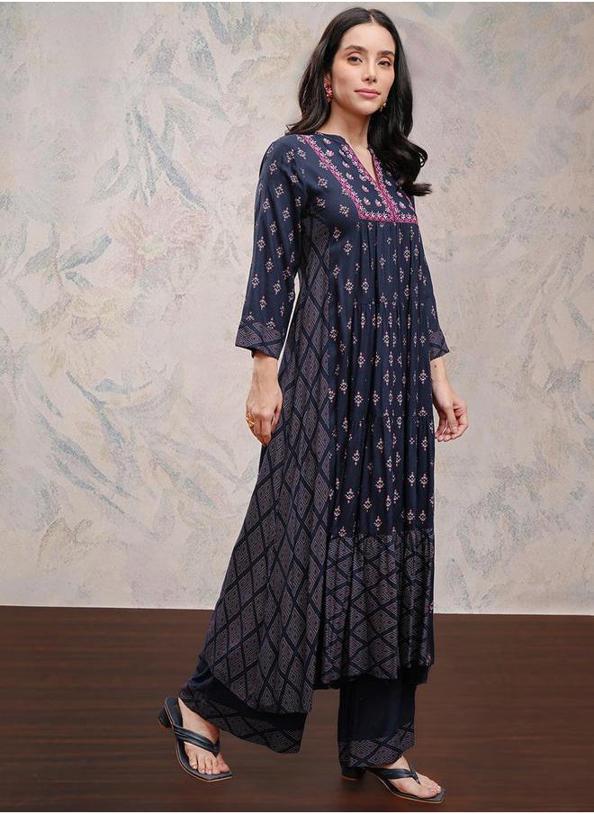 Vishudh Women Blue Printed Viscose Kurta with Palazzo Pants by Styli  - Image 4