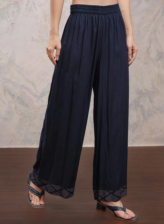 Vishudh Women Blue Printed Viscose Kurta with Palazzo Pants by Styli