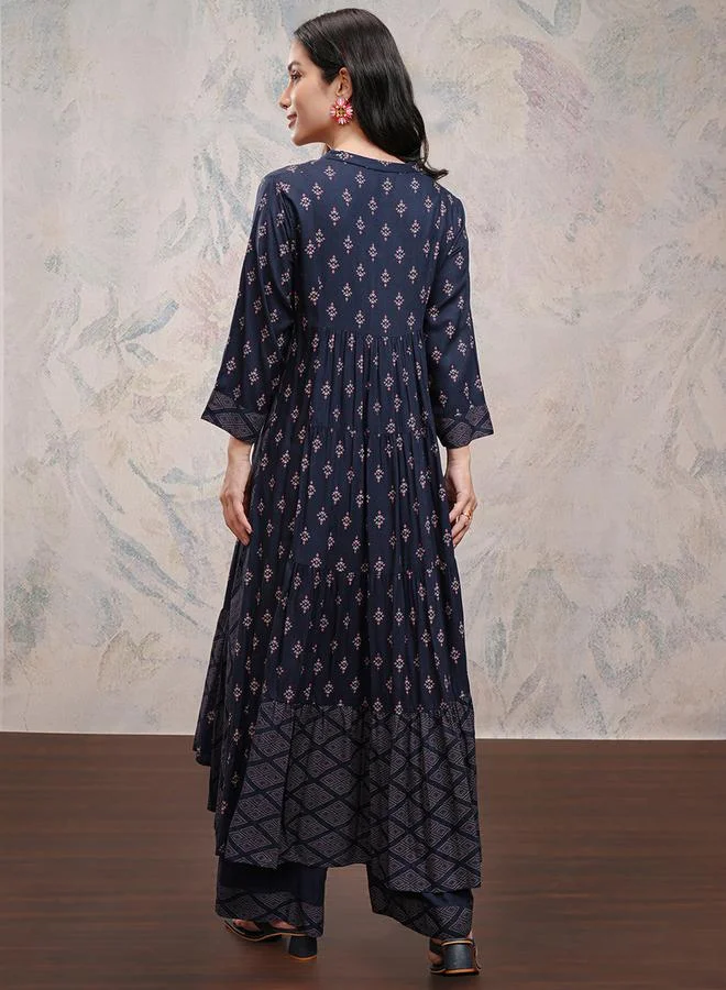 Vishudh Women Blue Printed Viscose Kurta with Palazzo Pants by Styli
