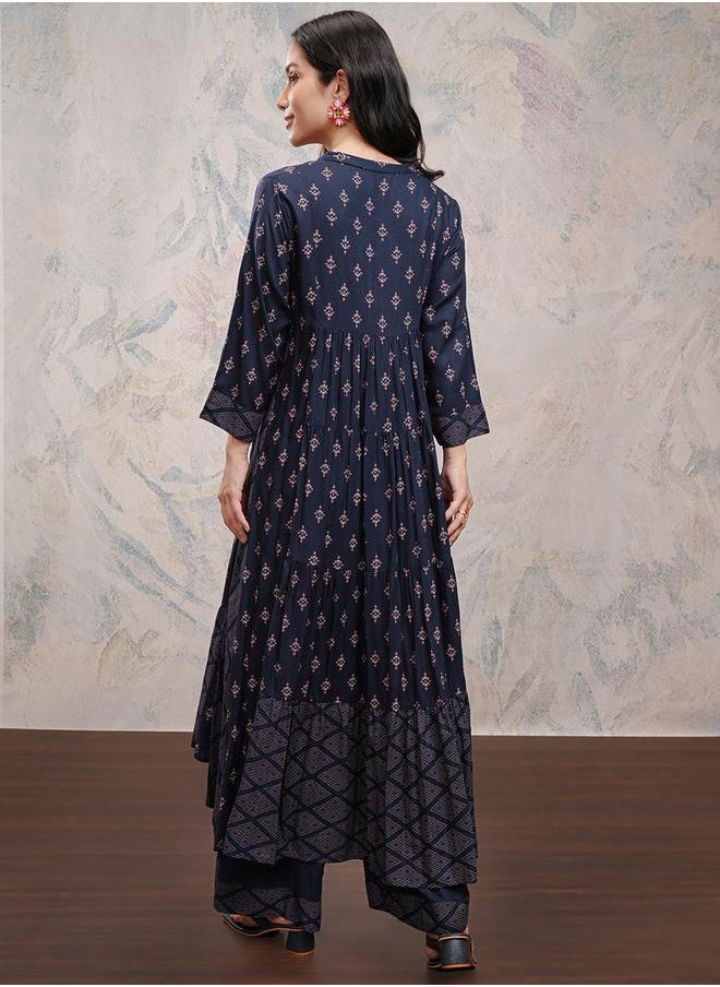Vishudh Women Blue Printed Viscose Kurta with Palazzo Pants by Styli  - Image 3