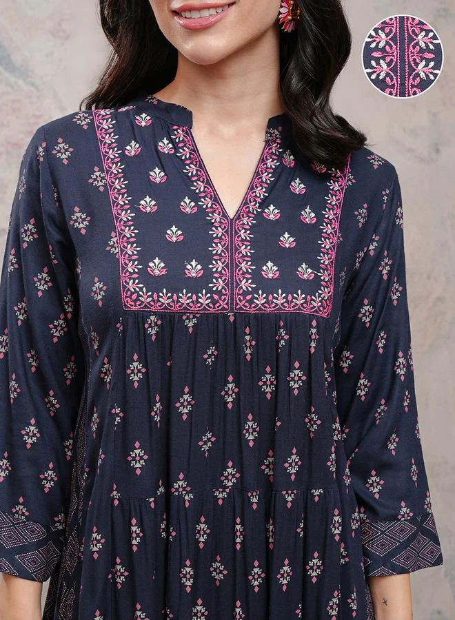 Vishudh Women Blue Printed Viscose Kurta with Palazzo Pants by Styli