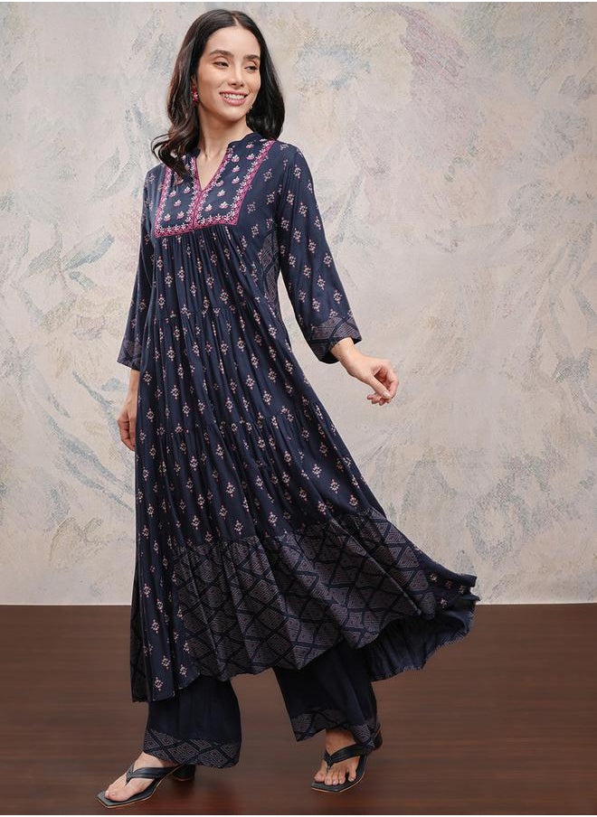 Vishudh Women Blue Printed Viscose Kurta with Palazzo Pants by Styli  - Image 2