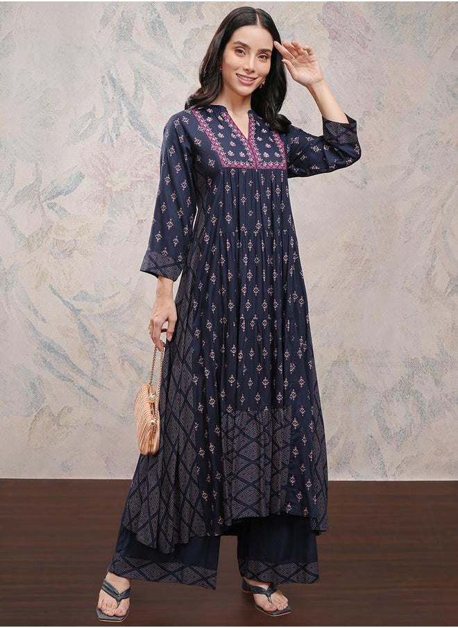 Vishudh Women Blue Printed Viscose Kurta with Palazzo Pants by Styli  - Image 1