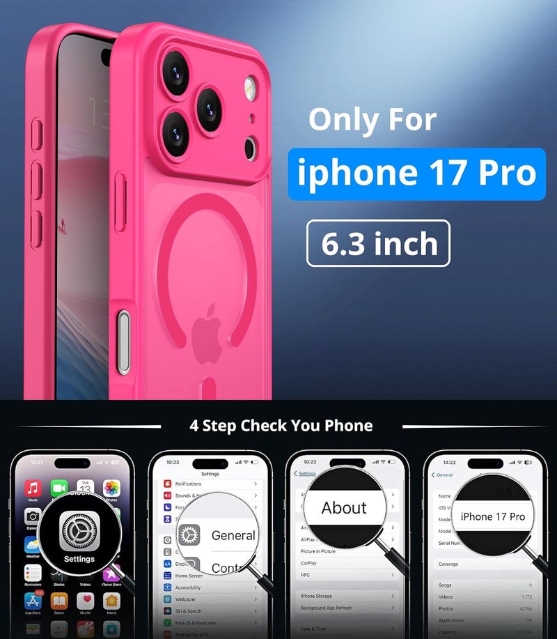 حافظة مغناطيسية لـ iPhone 17 Pro مع واقي شاشة زجاج مقسى (عبوة واحدة)، متوافقة مع MagSafe، حماية من السقوط بدرجة عسكرية، حافظة مقاومة للصدمات غير لامعة شفافة نحيفة - أحمر وردي - Image 4