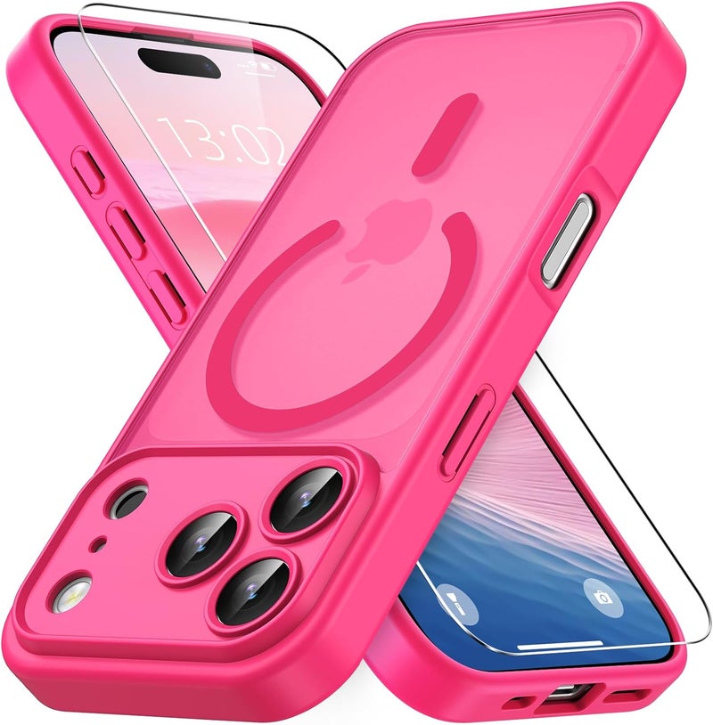 حافظة مغناطيسية لـ iPhone 17 Pro مع واقي شاشة زجاج مقسى (عبوة واحدة)، متوافقة مع MagSafe، حماية من السقوط بدرجة عسكرية، حافظة مقاومة للصدمات غير لامعة شفافة نحيفة - أحمر وردي - Image 1