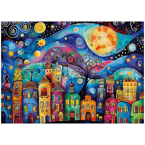 PPuzzling Colorful Houses Puzzles for Adults 1000 Pieces Village Night Landscape Jigsaw Puzzles Fantasy Abstract Starry Sky Puzzle as Nature Decor - Image 1