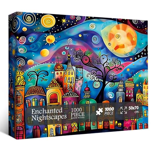 PPuzzling Colorful Houses Puzzles for Adults 1000 Pieces Village Night Landscape Jigsaw Puzzles Fantasy Abstract Starry Sky Puzzle as Nature Decor - Image 5
